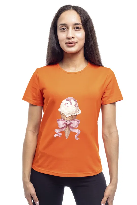 Футболка жіноча однотонна бавовняна Bono принт Морозиво прямого крою (різні кольори) 46, Помаранчевий Ціна