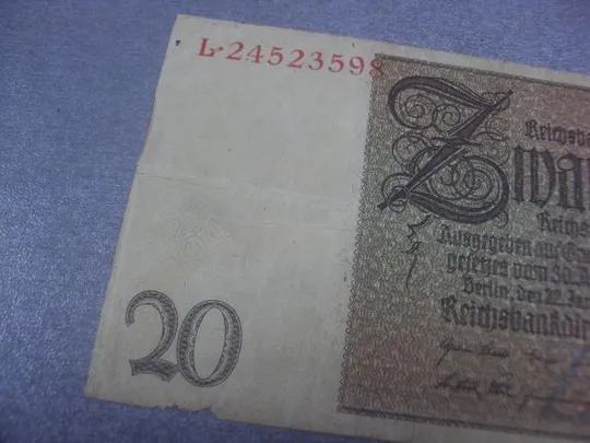 банкнота 20 рейхсмарок 1924 год  германия №222 З аукціону