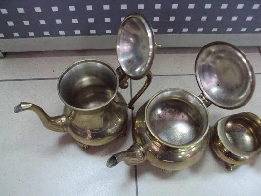 Чайный кофейный сервиз набор чайник, заварник, сахарница, сливочник молочник и поднос латунь (№1829) З аукціону