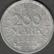 ХАЛЯВА !!! Треий рейх 200 марок "F" 1923 г.  31 янв. 1922 г. приход к власти Гитлера. Первая монета. Ціна