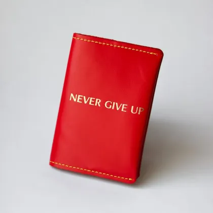фото, Обкладинка для паспорта "Never give up" червона з позолотою,жовта нитка.