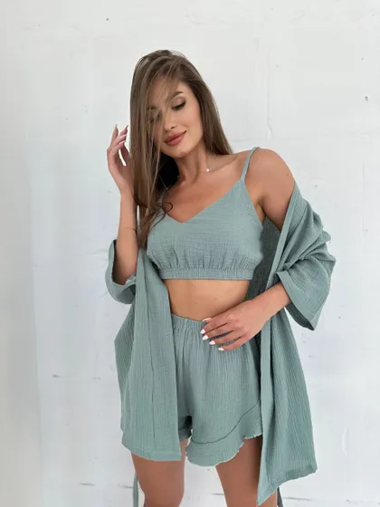 фото, Комплект для дому і сну трійка з мусліну, халат кімоно, топ і шортики фісташка розмір S