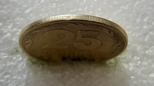 (5425) 25 копійок 1994 1ББм розкол на аверсі від канту через лівий нижній листок до тризуба (25 копеек 1994 1ББм брак) Недорого