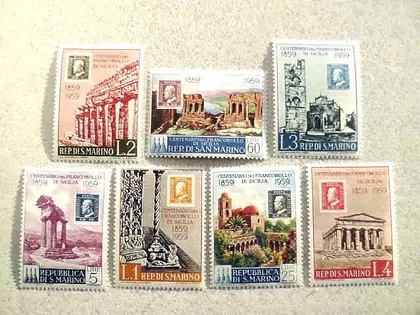 фото, Серія поштових марок Сан-Марино " 100 років маркам Сицілії Архітектура " 1959 рік **