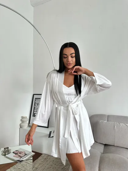 фото, Шовковий комплект халат і сорочка  молочний розмір L