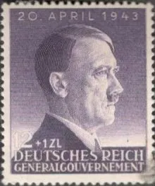 Фашисткая Германия. Третий Рейх 1943 г.  День рождение Адольфа Гитлера. МАРКА КРУПНАЯ С КЛЕЕМ. Ціна