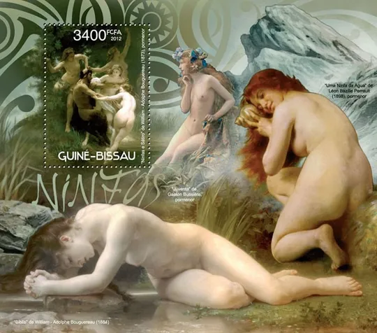 Гвинея Бисау -Нимфы-Обнажённая живопись-2012.Чистый полный красивый комплект. MNH. Ціна