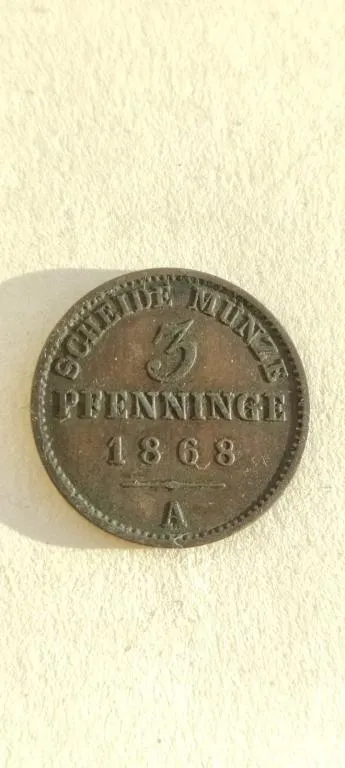 Редкая монета 3 пфенинга 1868 год 1/120 часть талера королевство Пруссия медь оригинал bs449. З аукціону