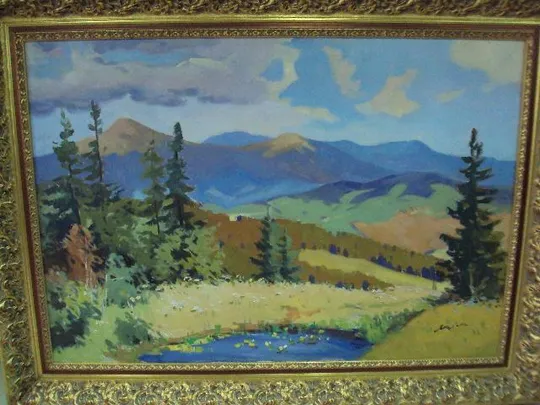 Купити Картина горный пейзаж елки горы Якубек 1961 г. холст, масло в ажурной раме размер 118,7х158 см №185