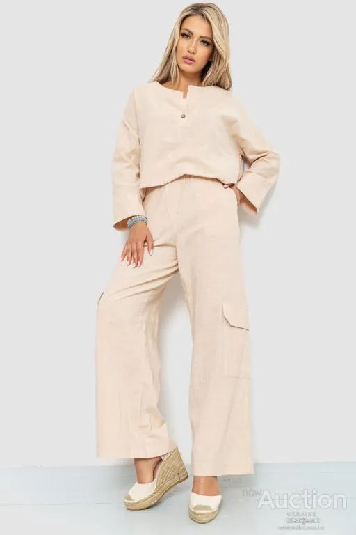 Костюм женский свободнго кроя жатка, цвет бежевый, 115R0530 Ціна