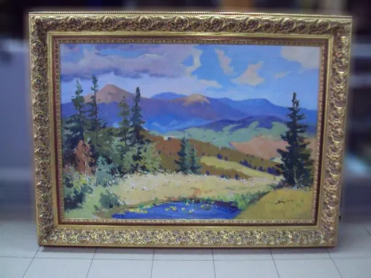 Картина горный пейзаж елки горы Якубек 1961 г. холст, масло в ажурной раме размер 118,7х158 см №185 Ціна