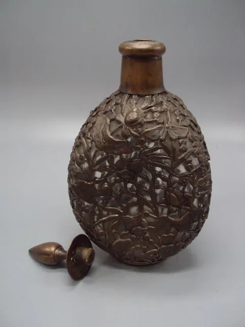 Штоф графин Китай 80-е года стекло, металл узор рыбы цветы рыбки высота с крышкой 28 см №13953 Недорого